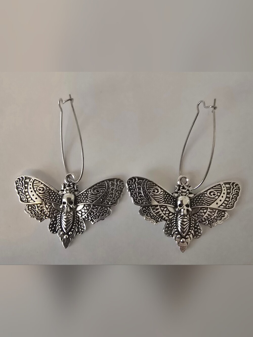 Silver Moth Skull Drop Earrings - Women's Gothic Hoop Earrings